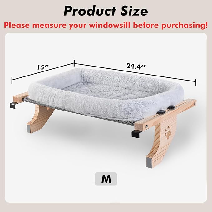 AMOSIJOY Cat Sill Window Perch Sturdy Hammock Window Seat with Cushion Cover, Wood & Metal Frame for Large Cats, Easy to Adjust Cat Bed for Windowsill, Bedside, Drawer and Cabinet (L)-Mewly Pet