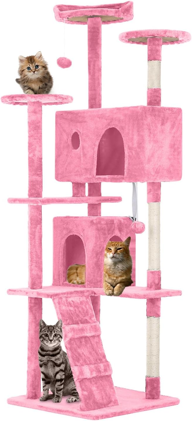70 inches Cat Tower for Indoor Cats Multi-Level Cat Condos for XL Cat Tree Cat Climbing Tower with Scratching Posts, Hanging Toys,Pink-Mewly Pet