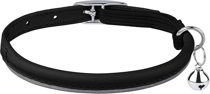OOPSDOGGY Rolled Leather Cat Collar with Bell, Reflective Kitten Collars with Buckle Include Safety Elastic Strap - Adjustable Small Pet Collars for Boy Girl Cats (Black)-Mewly Pet