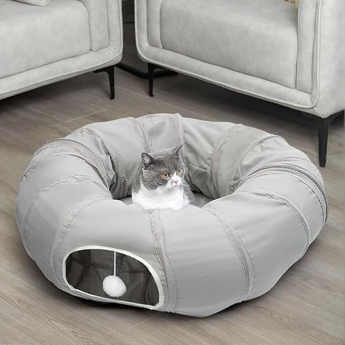 AUOON Cat Play Tunnel - Round Cat Tunnel with Bed | Interactive Cat Toys for Indoor Cats Kitten Kitty Puppy Rabbit Ferret (Light Grey)-Mewly Pet