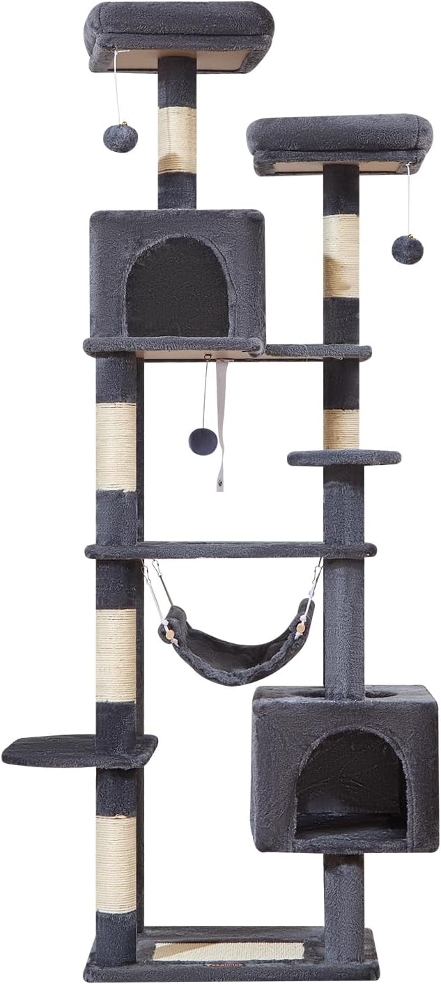 Taoqimiao Cat Tree, 68-Inch Cat Tree Cat Tower for Indoor Cats, Plush Multi-Level Cat Condo with 6 Scratching Posts, 2 Perches, 2 Caves,Hammock, 3 Pompoms,MS020SG Smoky Gray-Mewly Pet