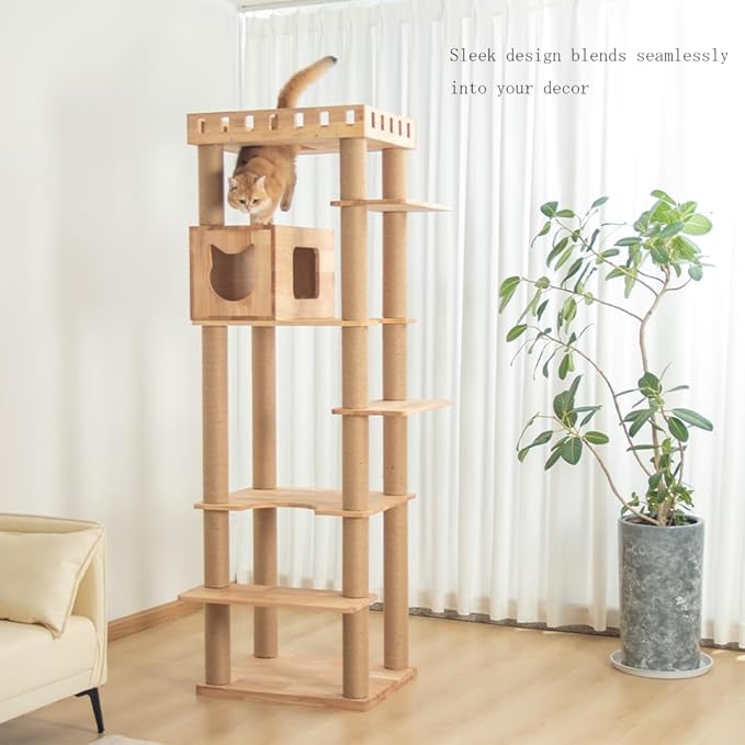 74" Wooden Cat Tree Tower for Large Cats, Multi-Level Cat Climbing Furniture with Scratching Posts, Cat Condo & Hammock, Natural Wood Cat Activity Center(Brown)-Mewly Pet