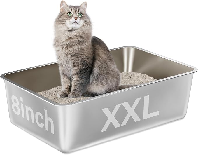 Stainless Steel Litter Box,XXL Metal Cat Litter Box for Big Cats 8IN Deep, Cat LitterBox High Sided Pet Toilet Easy to Clean,Cats Litter Pan for Adult Cats,Non Stick, No Smell-Mewly Pet