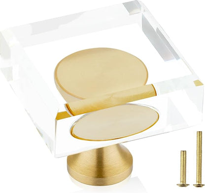 QOGRISUN 2-Pack Brass Crystal Cabinet Knobs,Glass Crystal Gold Drawer Knobs,1-1/8-Inch Square,Decorative Dresser Pulls, Modern Cabinet Hardware