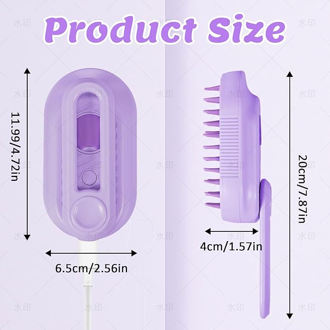 4 in 1 Cat & Dog Steam Brush Kit with 2 Comb Heads - Rechargeable Grooming Brush for Long/Short Hair Shedding, Anti-Static Steam Spray & Foldable Handle, Pet Spa Cleaning Tool (Purple)-Mewly Pet