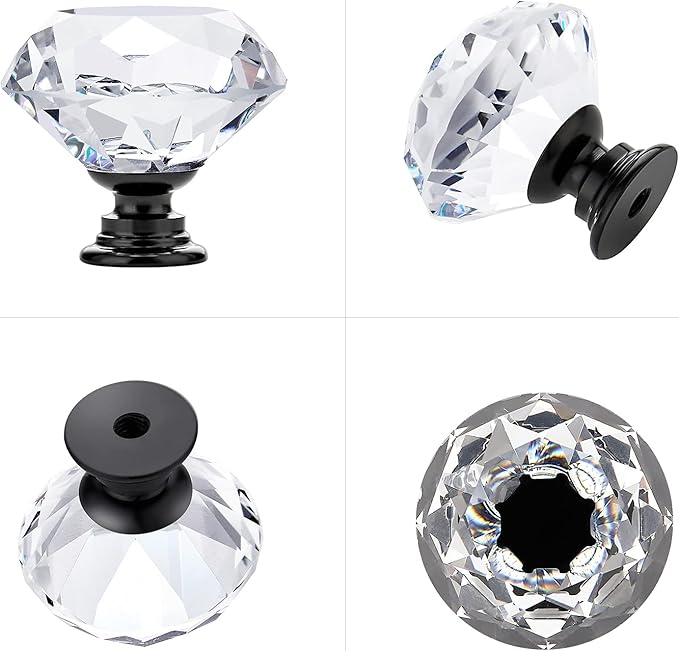 Ravinte 10 Pack Crystal Drawer Knobs - Glass Cabinet Knobs with Black Base - Diamond Shaped - 30 mm