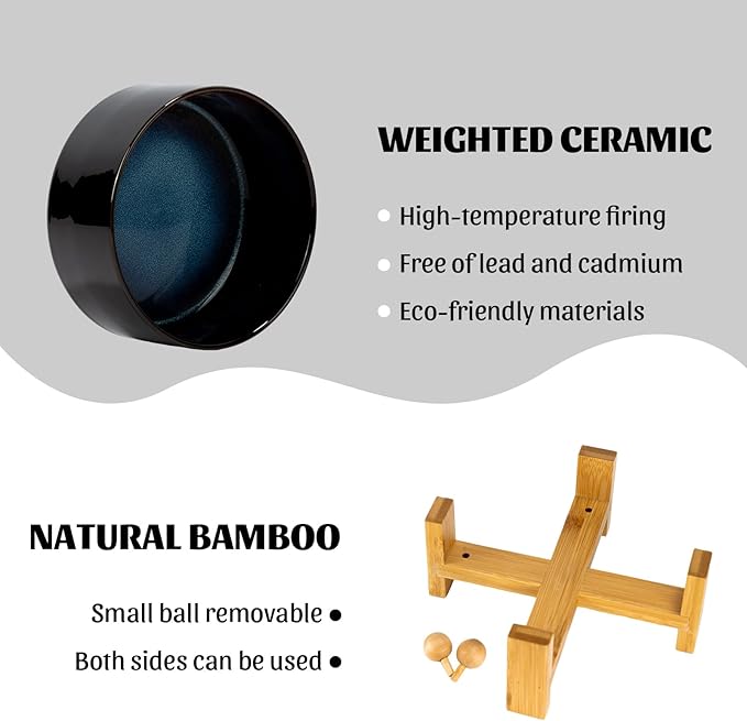 SPUNKYJUNKY 15° Slanted Ceramic Dog and Cat Bowl with Wooden Stand, Tilted Bulldog Food and Water Bowl No Slip Non-Spill for Cats Medium Dogs Big Face Pets 28.7 OZ (3.6 Cups, Starry Blue)-Mewly Pet