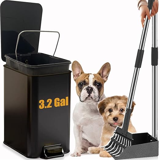 Metal Dog Pooper Scooper for Yard - 3.2Gal Dog Poop Trash Can Outside with Pedal - Pet Waste Container Outdoor - Stainless Steel Garbage Bucket with Lid - Black Trash Bin, Long Handle Tray and Rake-Mewly Pet