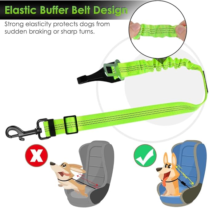 SlowTon Dog Seat Belt, Adjustable Dog Safety Belt Leash, 2 in 1 Latch Bar Attachment Dog Car Seatbelt with Elastic Nylon Bungee Buffer, Reflective Nylon Belt Tether (Lime)-Mewly Pet