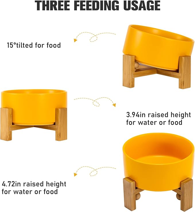 SPUNKYJUNKY 15° Slanted Ceramic Dog and Cat Bowl with Wooden Stand, Tilted Bulldog Food and Water Bowl No Slip Non-Spill for Cats Medium Dogs Big Face Pets 28.7 OZ (3.6 Cups, Yellow)-Mewly Pet