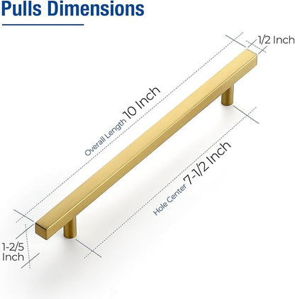 JOY DECOR 30 Pack 7-1/2 Inch Brushed Brass Square Cabinet Handles Stainless Steel Cabinet Hardware Pulls for Kitchen and Drawers with 10 Inch Overall Length