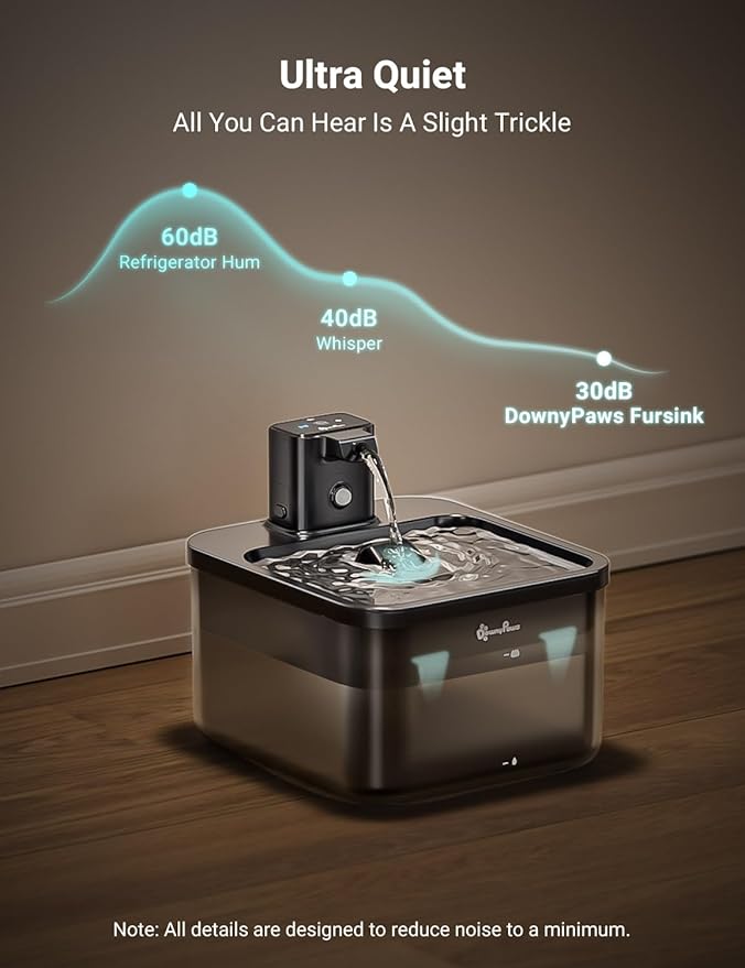 DownyPaws Battery Operated Cat Water Fountain, 84oz/2.5L Fursink Wireless Cat Waterer Fountain with Motion Sensor, BPA-Free, Black with 6 Filters-Mewly Pet