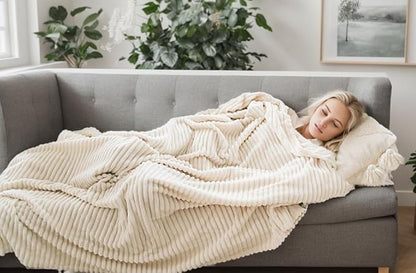 Cuddly Queen Size Blanket, Fluffy Fleece, Warm & Soft with Striped Pattern, 90x90 Inches, Cream