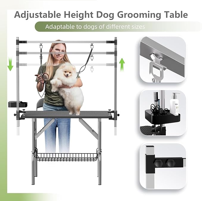 VFK 36" Dog Grooming Table,Foldable Pet Grooming Table for Dogs at Home Black Stainless Steel Bath Grooming Station with Adjustable Arm,Nooses, Mesh Tray,Tool Organizer-Mewly Pet