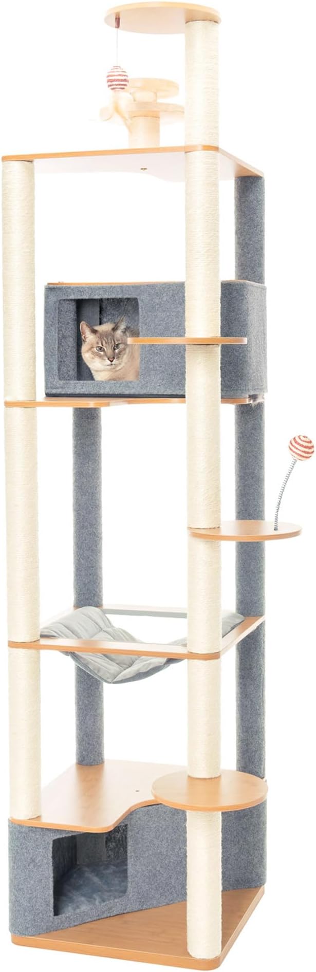 Ascentials - Grand Suite Cat Scratcher Playground - Tall Cat Tower Playground Structure, Sisal Scratching Areas, Grey Felt, Bamboo Veneer w/Linen & Velvet Surface Areas-Mewly Pet