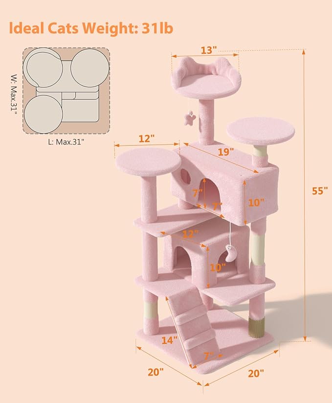 54" Cat tree Tower for Indoor Cats Large Adult,Cute/Tall Modern Cat Tree for Big Cats 20 lbs,Plush Multi-Level Cat Condo with Scratching Posts, Dangling Ball for fun play (Soft Pink, 54 inch)-Mewly Pet