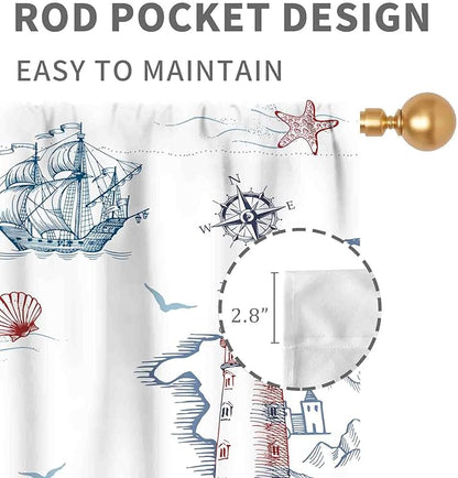 Nautical Curtains, Vintage Marine Coastal Sailboat Compass Anchor Ocean Beach Lighthouse Watercolor Blue Decorative Drapes for Bedroom Living Room Kitchen Bathroom Window 2 Panels, 42"x45" Inch