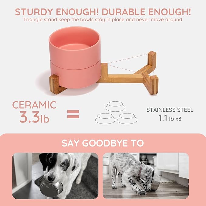 SPUNKYJUNKY Ceramic Dog and Cat Bowl with Wood Stand Non-Slip Matte Glaze Weighted Food Water Set for Cats &Small Dogs 13.5 OZ-Mewly Pet