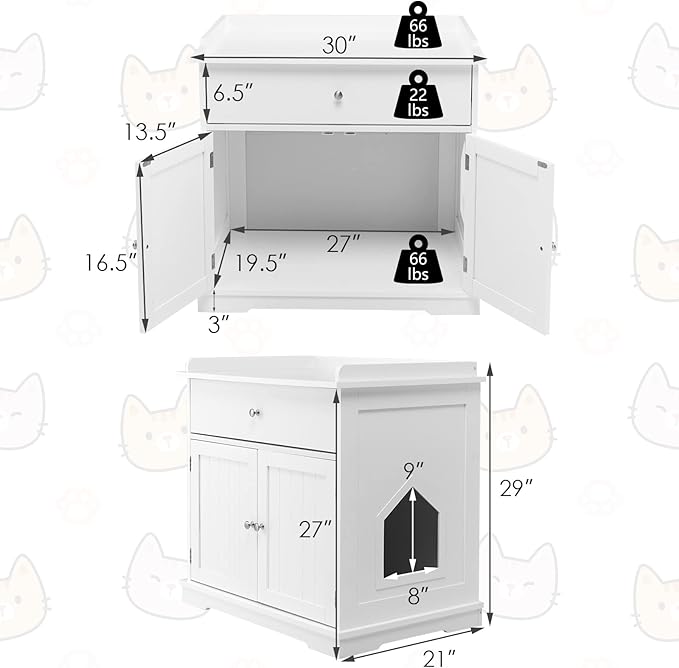 PETSITE Cat Litter Box Enclosure, Large Cat Washroom End Table with Drawer & 2 Doors, Wooden Cat House Storage Cabinet, Hidden Litter Box Furniture, White-Mewly Pet