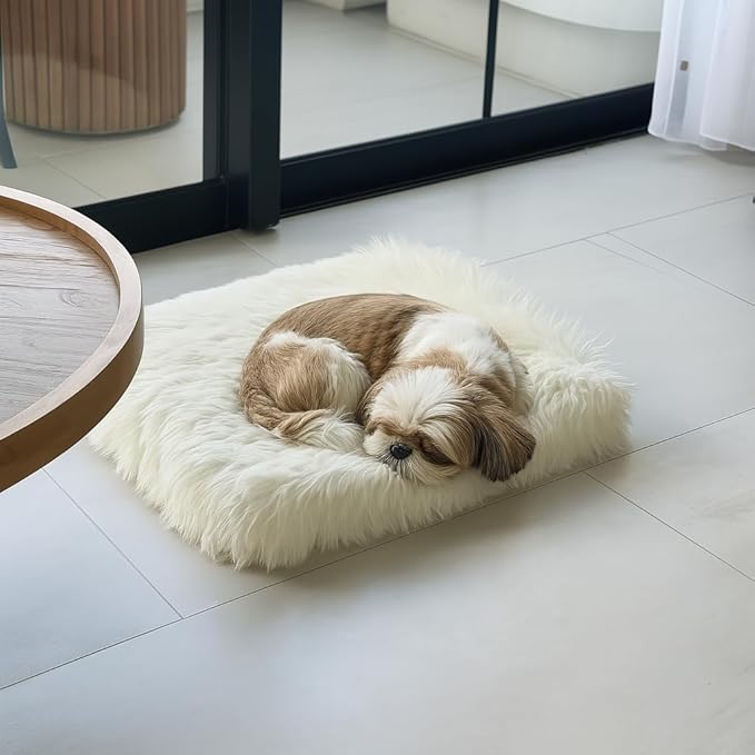 IHAPPYDOG Luxury Faux Fur Orthopedic Dog Beds, Memory Foam Crate Bed for Small, Medium, Large and XL Pets, Fluffy Pet Bed with Waterproof and Washable Cover, Fits Crates (White, 23"x18")-Mewly Pet