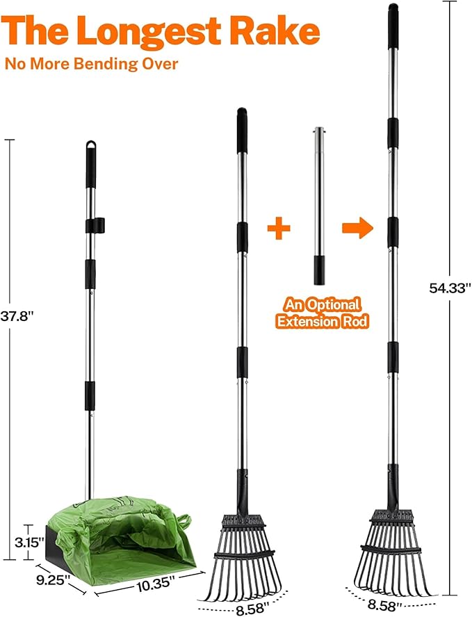 Toozey Dog Pooper Scooper, Extra Large Stainless Steel Tray Long 54" Handle, Easy Cleanup for All Dog Sizes, Includes 20 Bags-Mewly Pet