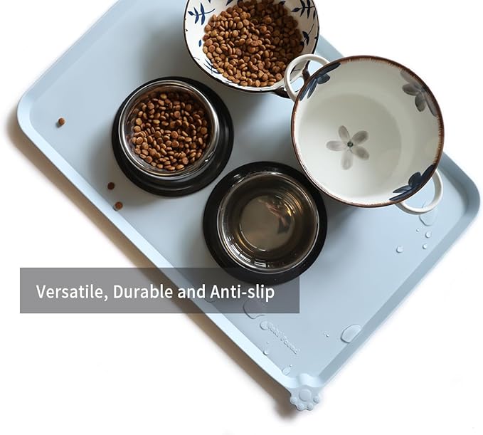 Hoki Found Large Silicone Pet Food Mats Tray - Non Slip Pet Bowl Mats Placemat - Dog Pet Cat Feeding Mat - Waterproof Dog Cat Food Mats -Pet Water Mats for Floors - Frost-Mewly Pet