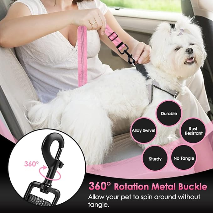 SlowTon Dog Seat Belt, Adjustable Dog Safety Belt Leash, 2 in 1 Latch Bar Attachment Dog Car Seatbelt with Elastic Nylon Bungee Buffer, Reflective Nylon Belt Tether Connect to Dog Harness (Pink)-Mewly Pet