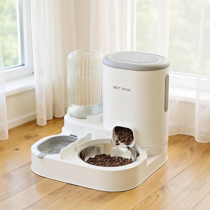 Automatic Cat Feeder & Water Dispenser - Dual Container for Dry/Wet Food, Two-in-One Upgraded Gravity Feeder and Water Dispenser Combo Set for Cats and Dogs. (Grey)-Mewly Pet