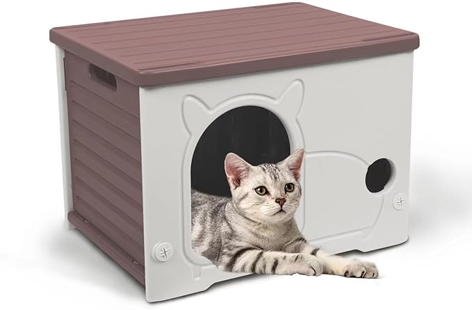 Plastic Outdoor Cat House Waterproof Feral Cat Shelter(Coffee)-Mewly Pet