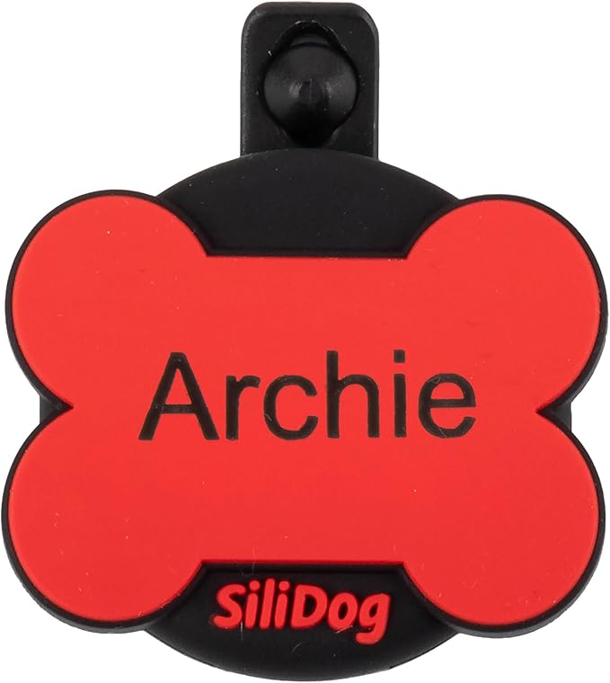 SiliDog AirTag Holder Silent Dog ID Tag – Personalized Engraved Silicone Pet Tag – Durable, Glow-in-The-Dark – Red Bone-Mewly Pet