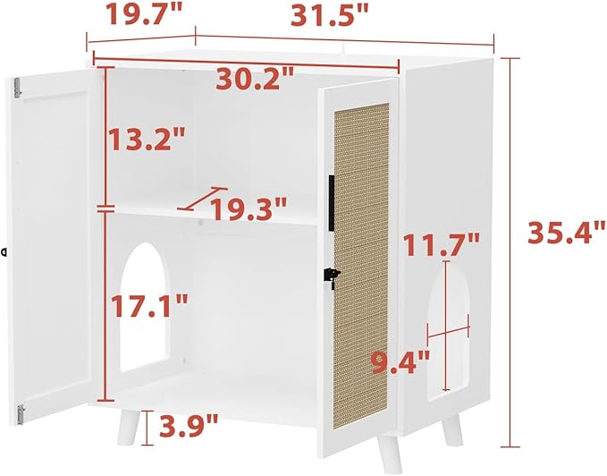 Lovinouse Large Cat Litter Box Enclosure,Hidden Kitty Litter Furniture with Sisal Covered Doors,2-Layer Wooden Cat Washroom Cabinet w/Adjustable Shelf, Side Table for Living Room,White-Mewly Pet