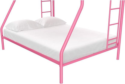 DHP Dusty Metal Bunk Bed Frame, Twin-Over-Full for Kids, Teens, Adults, Angled Ladder, Guardrail, No Boxspring, Small Spaces, Pink