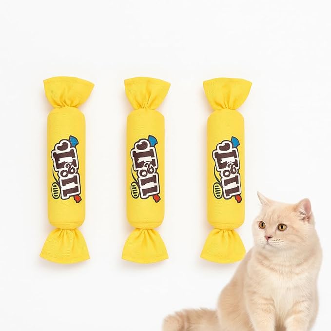 Catnip Candy Toys for Indoor Cats – 3-Pack Crinkle Cat Toys with Catnip Pouches, Durable Canvas & Soft Filling, Cat Chew Toys for Kittens & Adults (Yellow)-Mewly Pet