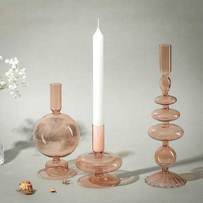 Rtteri 3 Pcs Glass Candlestick Holders Glass Candle Holders Groovy Wavy Elegant Taper Candle Stick for Wedding Home Birthday Party Christmas Halloween Decoration Windowsill Decor(Light Brown)