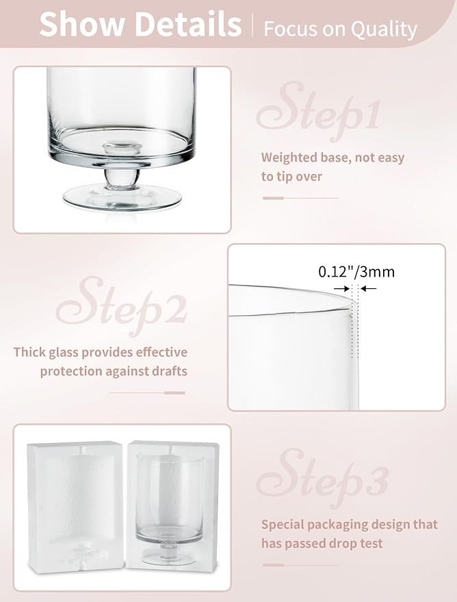 Nuptio 2 Pcs Glass Flower Vase - Large Pillar Candle Holder, 8.7in Tall Glass Cylinder Candle Holder Hurricane Ornament for Wedding Party Dining Table Home Centerpieces Housewarming Gift
