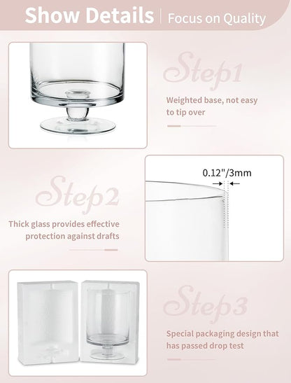 Nuptio 2 Pcs Glass Flower Vase - Large Pillar Candle Holder, 8.7in Tall Glass Cylinder Candle Holder Hurricane Ornament for Wedding Party Dining Table Home Centerpieces Housewarming Gift