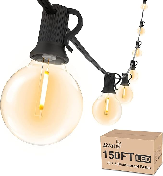 Svater Outdoor String Lights 150 FT, Patio Light with 78 Shatterproof LED Bulbs, Outside Plastic Hanging G40 Globe Lights for Cafe Market Bistro Backyard, Dimmable Warm White 2700K