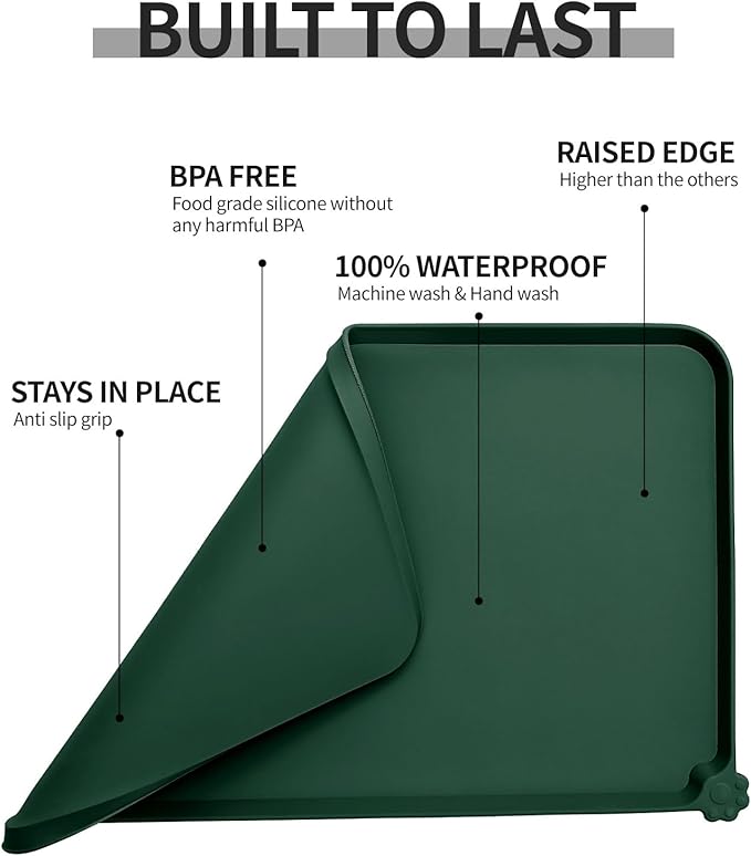 Waterproof Pet Feeding Mat with High Raised Edges, Heavier and Thicker Placemats for Cat Dog Water Bowl with BPA Free, Dogs Cats Food Mats for Messy Drinkers to Prevent Spill and Protect Floors-Mewly Pet