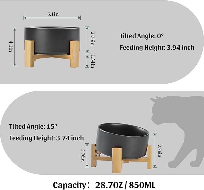 SPUNKYJUNKY 15° Slanted Ceramic Dog and Cat Bowl with Wooden Stand, Tilted Bulldog Food and Water Bowl No Slip Non-Spill for Cats Medium Dogs Big Face Pets 28.7 OZ (3.6 Cups, Black)-Mewly Pet