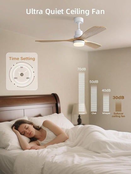 Sofucor 52 Inch Ceiling Fan with Lights and Remote Control-Modern Solid Wood Blade Ceiling Fan for Bedroom Living Room Indoor Outdoor Farmhouse Patio, Quiet DC Motor, Natural Wood