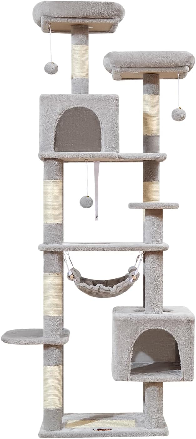 Taoqimiao Cat Tree, 68-Inch Cat Tree Cat Tower for Indoor Cats, Plush Multi-Level Cat Condo with 6 Scratching Posts, 2 Perches, 2 Caves,Hammock, 3 Pompoms,MS020SW Light Gray-Mewly Pet