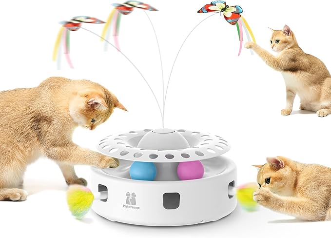 Potaroma Cat Toys 3in1 Automatic Interactive Kitten Toy, Fluttering Butterfly, Moving Feather, Track Balls, Dual Power Supplies, USB Powered, Indoor Exercise Kicker (Bright White)-Mewly Pet