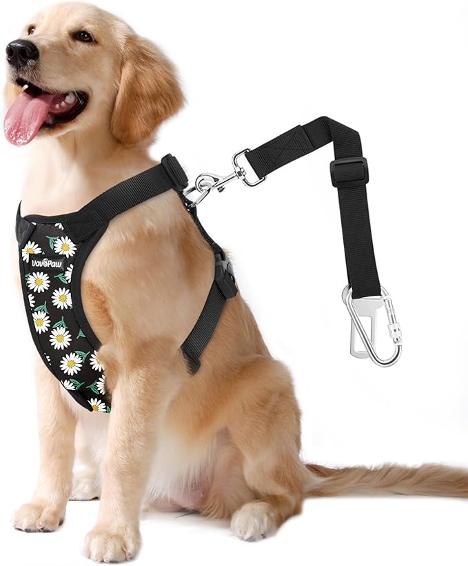 Dog Seat Belt, Safety Vest Dog Car Harness with Adjustable Buckle Dog Seat Belt for Vehicle Nylon Pet Safety Seat Belts Heavy Duty(XL, Black Daisy)-Mewly Pet