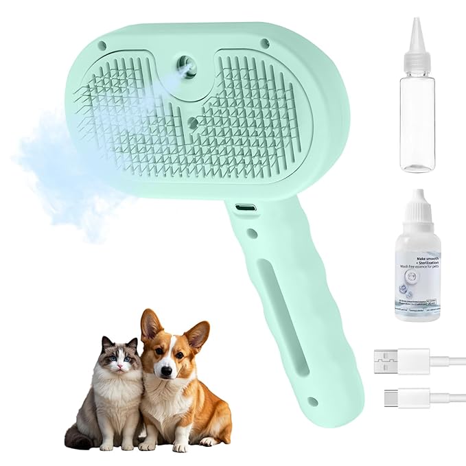 3-in-1 Pet Steam Brush, Grooming Comb with Water Tank for Cats and Dogs, Long and Short Hair (Green)-Mewly Pet