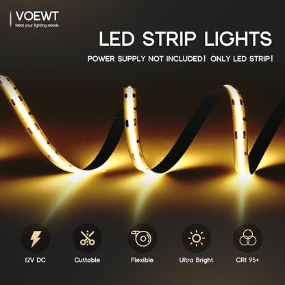 COB LED Strip Lights Daylight White 6000K,16.4ft 12V High CRI 95Ra+ Super Bright,Flexible Tape Lights for Bedroom,Mirror,Kitchen Cabinet, Living Room(Power Supply Not Included)
