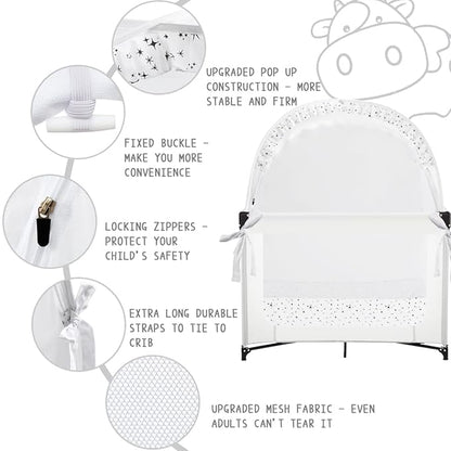 Baby Pack N Play Tent, Pack and Play Canopy to Keep Baby in, Portable Crib Net for Playards, Mini Crib Tent with See Through Mesh, Easy Installation and Transportation White+stars