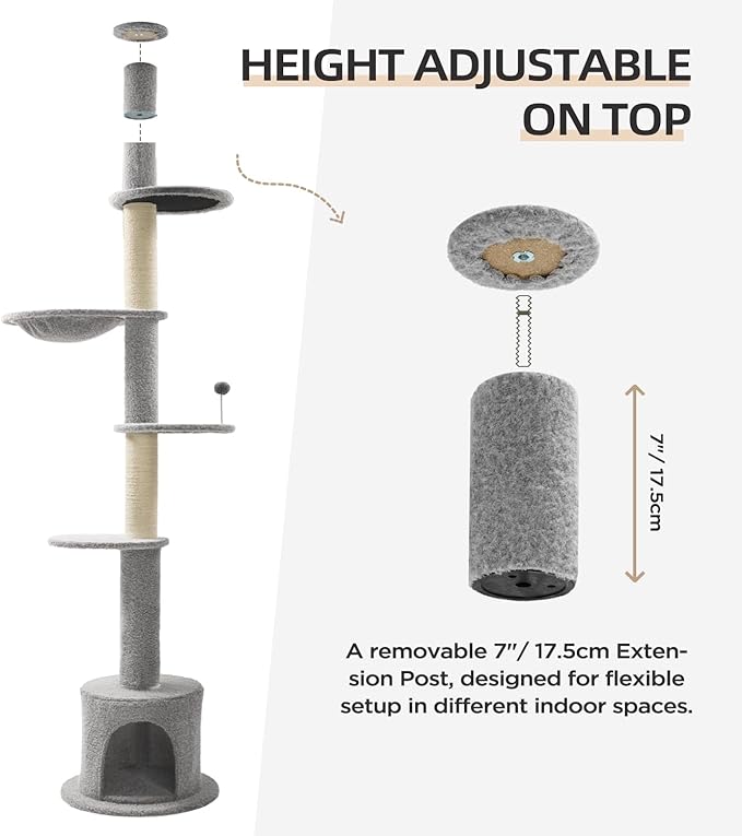 Made4Pets Floor to Ceiling Cat Tree 93-106'',Tall Cat Tower 5 Tiers,Adjustable Height, Stable Cat Tree Tower with Scratching Posts, Fluffy Condo, Hammock and Ball Toy for Indoor Cats/Kitten, Gray-Mewly Pet