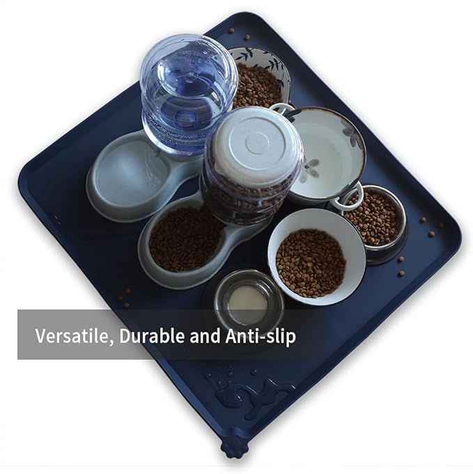 Hoki Found XX-Large Silicone Pet Food Mats Tray - Non Slip Pet Dog Cat Bowl Mats Placemat - Dog Pet Cat Feeding Mat - Waterproof Dog Cat Food Mats -Pet Water Mats for Carpet - French Navy-Mewly Pet