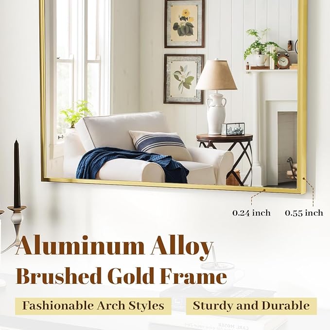 VooBang Arched Wall Mirror, 30 x 38 inch Arch Bathroom Mirror, Wall Mounted Vanity Mirror with Arch Metal Frame, Modern Bathroom Vanity Mirror for Bedroom, Living Room, Hanging or Leaning, Gold