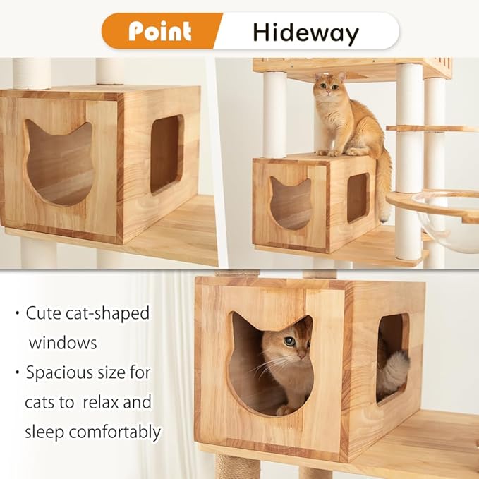 74" Wooden Cat Tree Tower for Large Cats, Multi-Level Cat Climbing Furniture with Scratching Posts, Cat Condo & Hammock, Natural Wood Cat Activity Center (White)-Mewly Pet